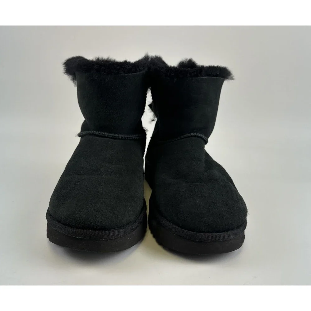 Ugg Mini Bailey Bow II Boot Ankle Black Suede Sheepskin Lined 1016501 Womens 6